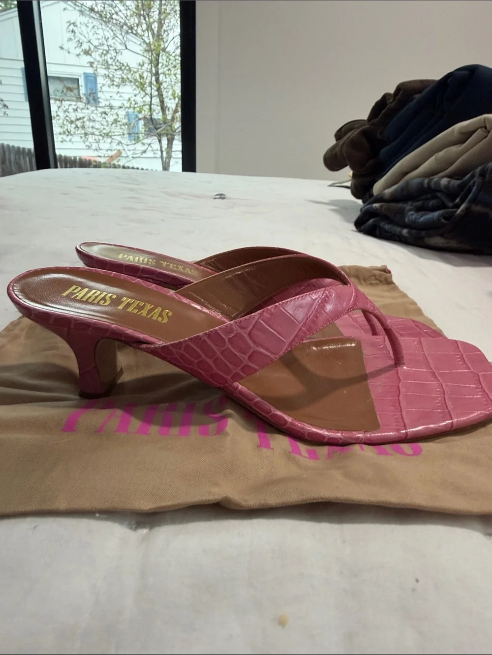 Paris Texas Pink Croc-Embossed Square-Toe Thong Mules - Picture 3 of 3
